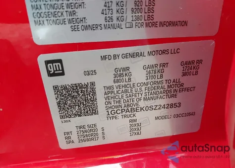 2025 Chevrolet Silverado 1500 2Wd Short Bed Custom z USA, uszkodzony, nr VIN 1GCPABEK0SZ242853